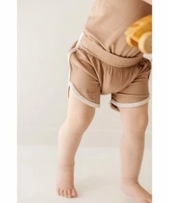 Joss + J Bottoms Taupe + Cream Ribbed Bamboo Track Shorts
