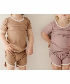 Joss + J Bottoms Taupe + Cream Ribbed Bamboo Track Shorts