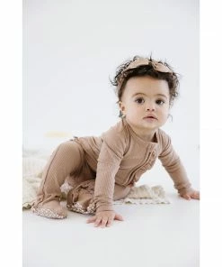 Joss + J Sleepers Tan Ribbed Bamboo Ruffle Zip Sleeper