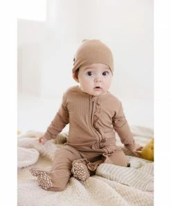 Joss + J Sleepers Tan Ribbed Bamboo Ruffle Zip Sleeper