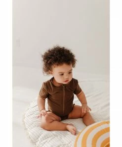 Joss + J Coco Brown Short Sleeve Zip Ruffle Swim Suit