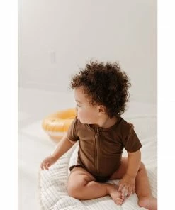 Joss + J Coco Brown Short Sleeve Zip Ruffle Swim Suit