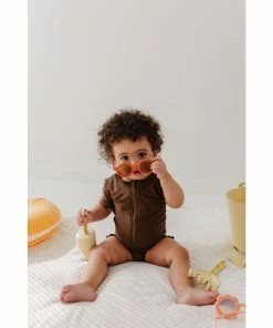 Joss + J Coco Brown Short Sleeve Zip Ruffle Swim Suit