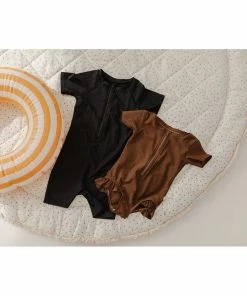 Joss + J Coco Brown Short Sleeve Zip Ruffle Swim Suit