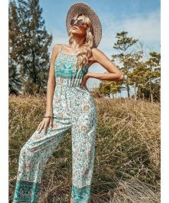 J+j Green Floral Boho Jumpsuit