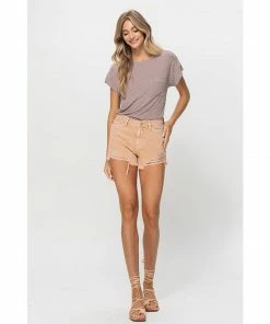 J+j Khaki Distressed High Rise Denim Shorts