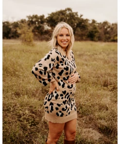 Bailey's Blossoms Dresses Tan Leopard Bubble Sleeve Sweater Dress