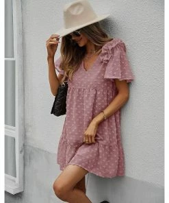 J+j Mauve Ruffle Shoulder Textured Dress
