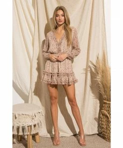 J+j Beige Floral V Neck Ruffle Long Sleeve Dress