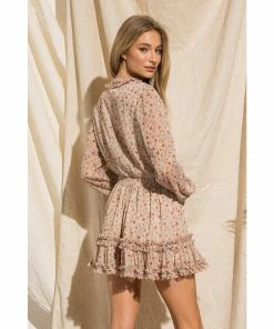 J+j Beige Floral V Neck Ruffle Long Sleeve Dress