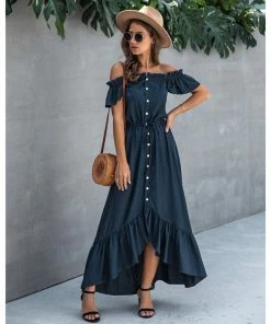 J+j Dresses Navy Off Shoulder Button Down Dress 12 J+j Dresses Navy Off Shoulder Button Down Dress