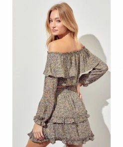 J+j Tops Olive Off Shoulder Ruffle Sleeve Top