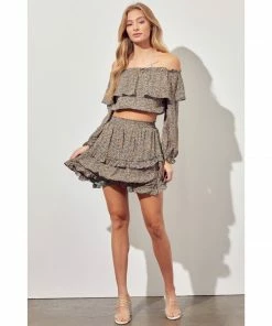 J+j Tops Olive Off Shoulder Ruffle Sleeve Top