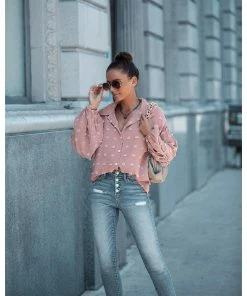 J+j Pink Swiss Dot Bishop Sleeve Button Blouse Tops