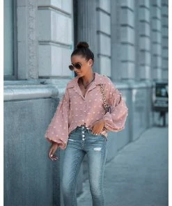 J+j Pink Swiss Dot Bishop Sleeve Button Blouse Tops