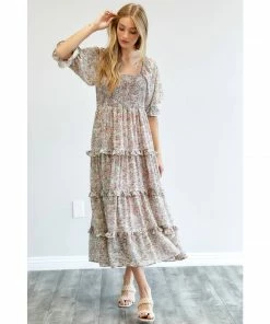 J+j Pink Floral Smocked Maxi Dress Dresses