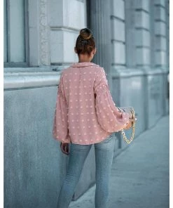 J+j Pink Swiss Dot Bishop Sleeve Button Blouse Tops