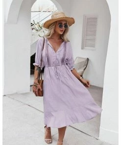 J+j Dresses Purple Crochet Detail Puff Sleeve Dress