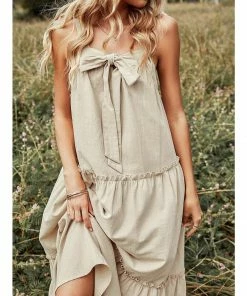 J+j Beige Ribbon Detail Tiered Maxi Dress