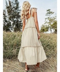 J+j Beige Ribbon Detail Tiered Maxi Dress