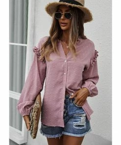 J+j Pink Ruffle Detail Button Down Blouse