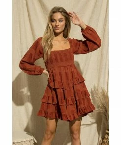 J+j Rust Ruffle Tiered Dress