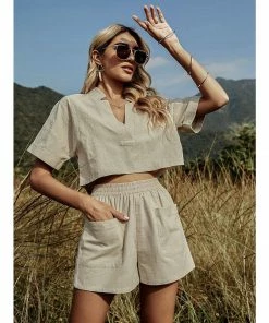 J+j Sets Light Beige Shirt + Shorts Set