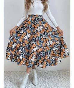 J+j Skirts Blue Gartered Floral Midi Skirt