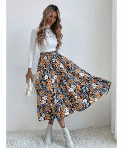 J+j Skirts Blue Gartered Floral Midi Skirt
