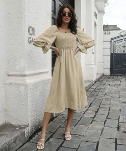 J+j Beige Smocked Square Neck Dress