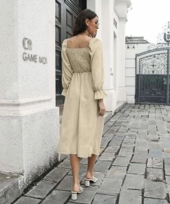 J+j Beige Smocked Square Neck Dress