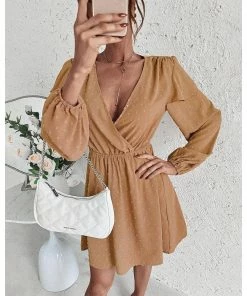 J+j Dresses Beige Surplice Swiss Dot Light Dress