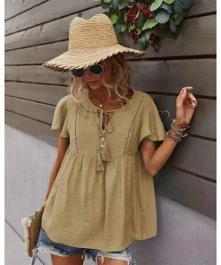 J+j Tops Beige Tie Neck Flowy Sleeve Blouse