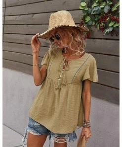 J+j Tops Beige Tie Neck Flowy Sleeve Blouse