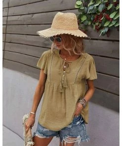 J+j Tops Beige Tie Neck Flowy Sleeve Blouse