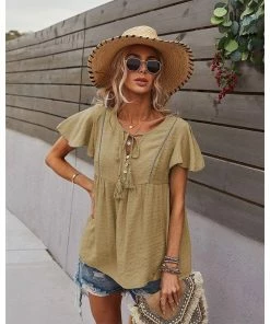 J+j Tops Beige Tie Neck Flowy Sleeve Blouse