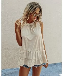 J+j Tops Beige Round Neck Tiered Hem Blouse