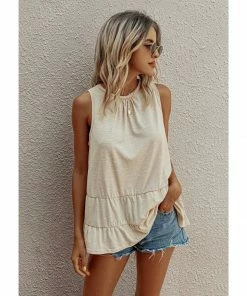 J+j Tops Beige Round Neck Tiered Hem Blouse