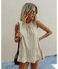 J+j Tops Beige Round Neck Tiered Hem Blouse