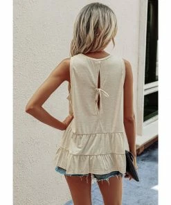 J+j Tops Beige Round Neck Tiered Hem Blouse