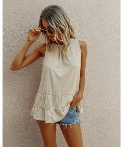 J+j Tops Beige Round Neck Tiered Hem Blouse