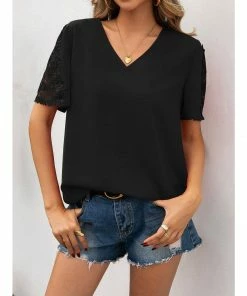 J+j Black V Neck Lace Detail Blouse